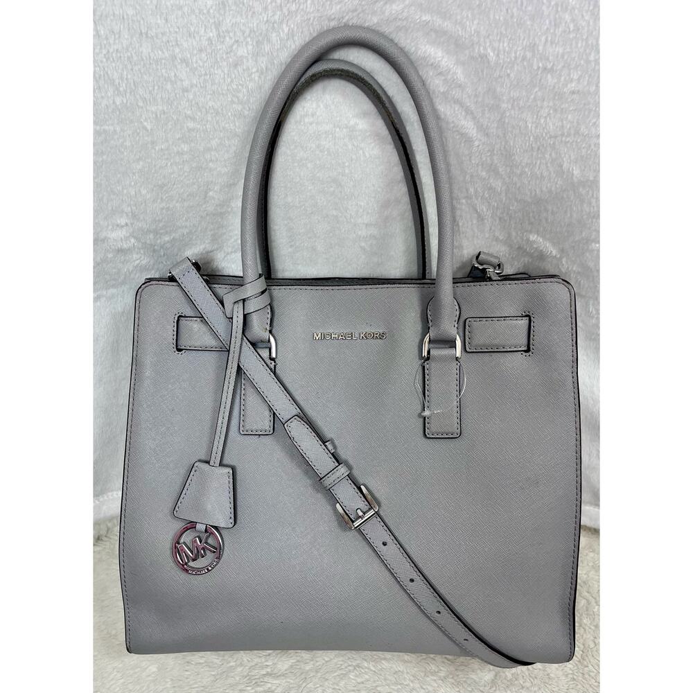 MICHAEL KORS Convertible Satchel Shoulder Bag Shopper Tote Saffiano Gray Leather